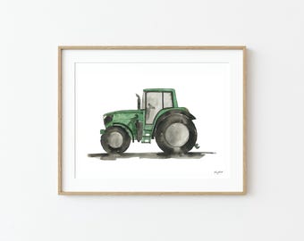 Green Tractor Wall Art, Tractor Art Print, Construction Vehicle Decor, Boys Room Wall Art, Watercolor Painting, Tractor Nursery Decor