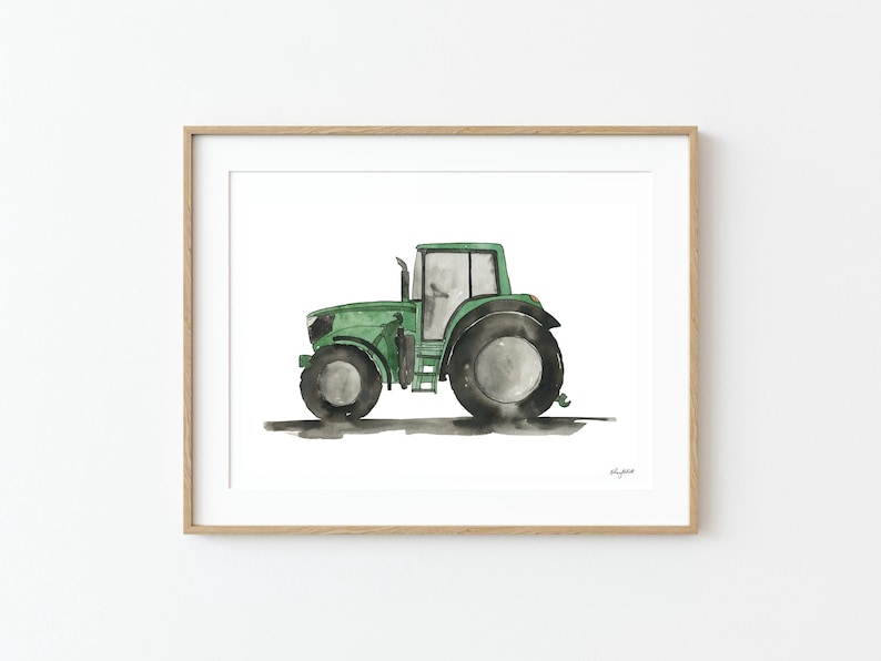 May include: A watercolor painting of a green tractor on a white background. The tractor has a black seat and black wheels.