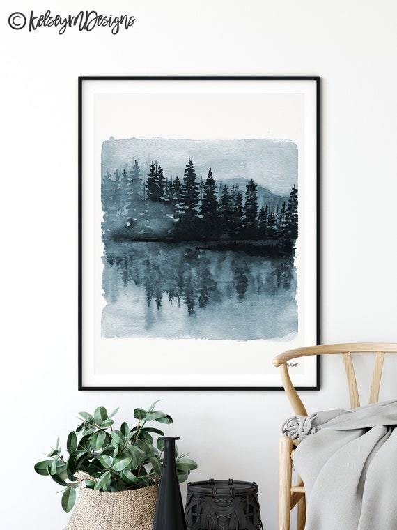 Blue Trees Watercolor painting, Forest Print, Nature Print, Landscape Print, Nature Tree Wall Art, Forest Print Living Room Decor, Woodland