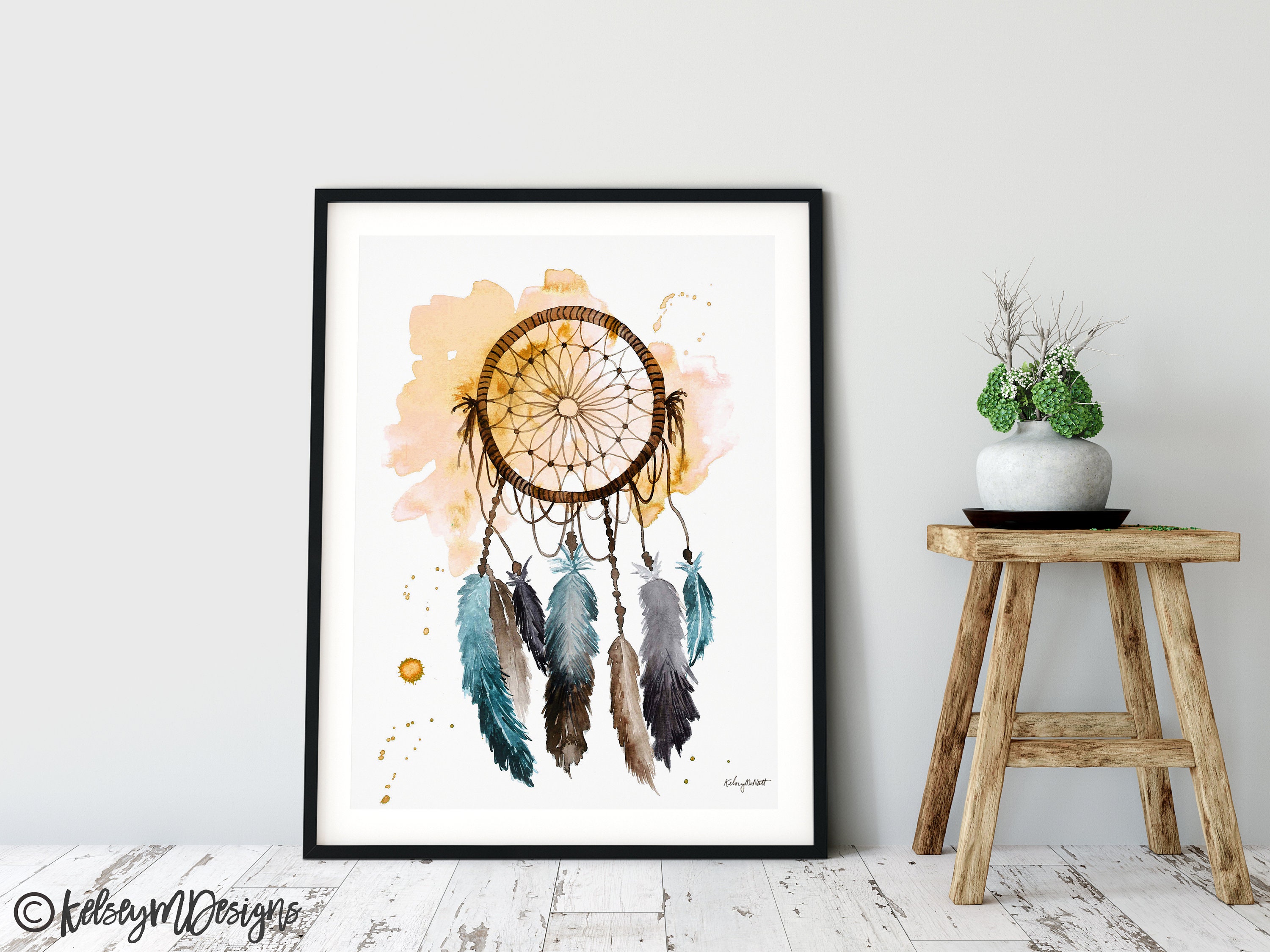 Orange Dreamcatcher Wall Art Watercolor Painting Feather Art - Etsy