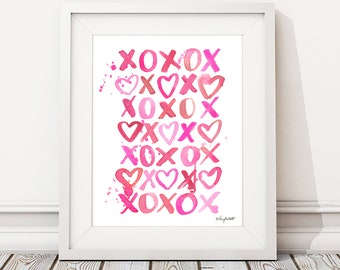 XOXOX Valentines Day Art Print, Love Wall Art, Seasonal Home Decor, Valentines Decor, Watercolor Valentines Sign, Pink and Red Heart Print