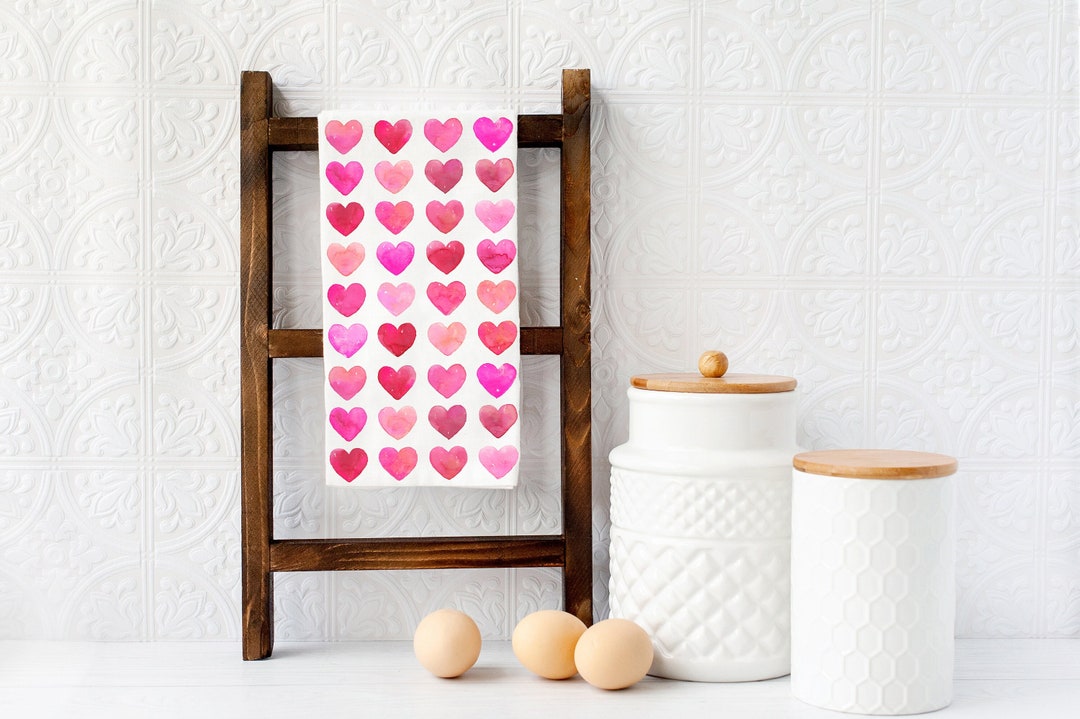 Valentines Heart Tea Towel, Holiday Kitchen Decor, Pink Heart Dish