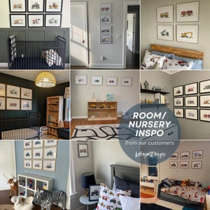 Puede incluir: Un collage de fotos que muestran diferentes habitaciones decoradas con decoraci&oacute;n de guarder&iacute;a con tem&aacute;tica de veh&iacute;culos de construcci&oacute;n. Las fotos muestran cunas, camas, estantes y &aacute;reas de juego decoradas con estampados y juguetes de veh&iacute;culos de construcci&oacute;n. El texto "ROOM/ NURSERY INSPO from our customers KelseyMDesigns" es visible en el centro del collage.