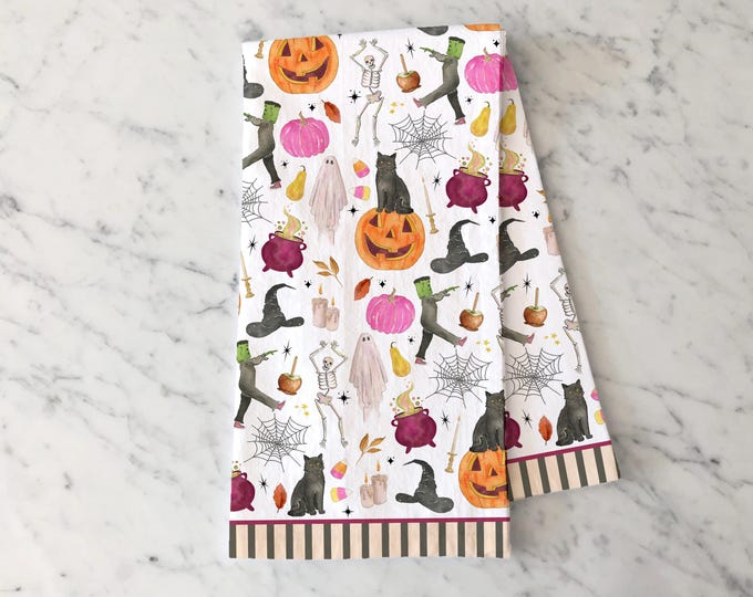 Halloween Tea Towel, Spooky Cute Kitchen Decor, Fall Kitchen Decor, Witch, Black Cat, Pumpkin Tea Towel,  Halloween Kitchen Decor
