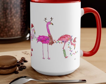 Holiday Flamingo Mug, Christmas Coffee Mug, Christmas Decor, 15 oz Mug, Pink Flamingo Coffee Mug, Holiday Kitchen, Flamingo Christmas