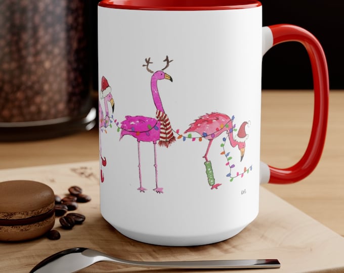 Holiday Flamingo Mug, Christmas Coffee Mug, Christmas Decor, 15 oz Mug, Pink Flamingo Coffee Mug, Holiday Kitchen, Flamingo Christmas