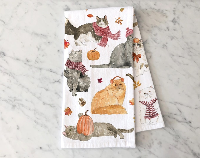 Cozy Fall Cats Tea Towel, Fall Kitchen Decor, Autumn Dish Towel, Cats Kitchen Towel, Fall Dishcloth, Cat Lover Gift, Fall Tea Towel