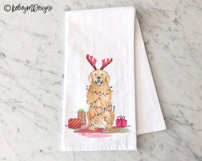 Christmas Golden Retriever Tea Towel, Holiday Dog Kitchen Decor, Christmas Dish Towel, Dogs Kitchen Towel, Dog Dishcloth, Christmas Decor