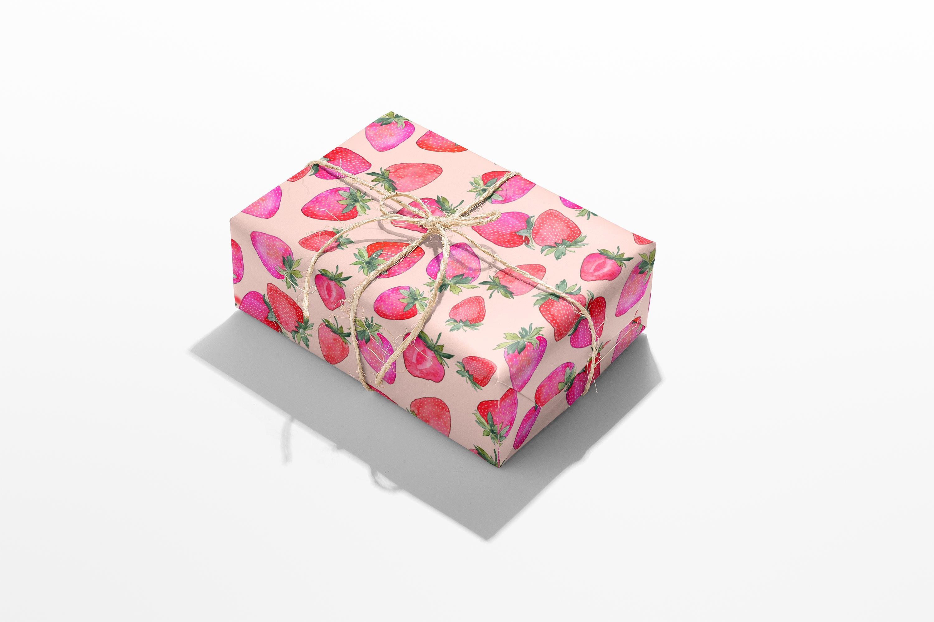 Carta da regalo con fragole - 6 fogli di carta da regalo - Fragole rosa e rosse - Carta da regalo per ragazza per compleanno, anniversario, addio al nubilato - Fornita con