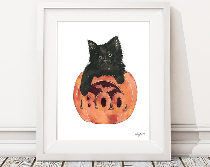 Halloween Black Cat Art Print, Boo Wall Art, Fall Home Decor, Fall Wall Art, Halloween Art Print, Halloween Cat Home Decor, Carved Pumpkin