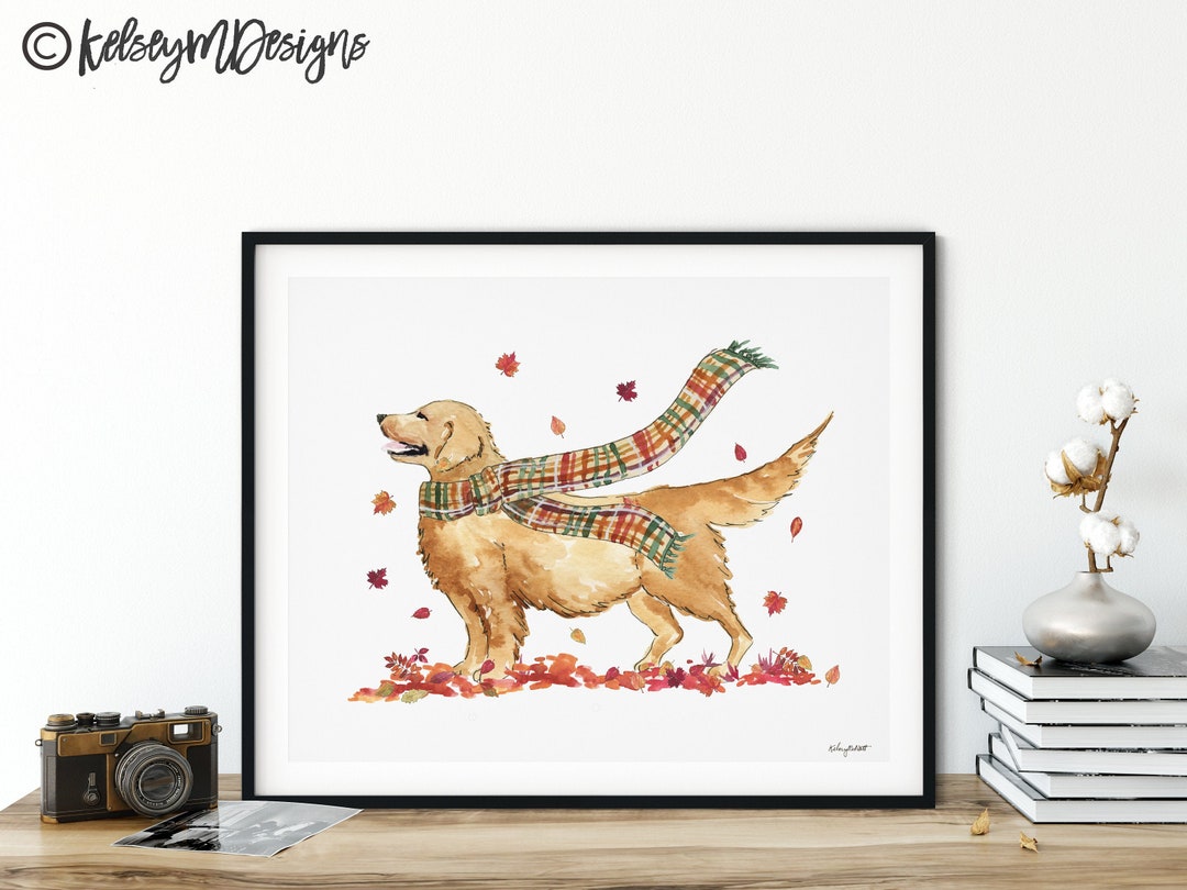 Fall Dog Wall Art, Golden Retriever Art Print, Autumn Home Decor, Fall ...