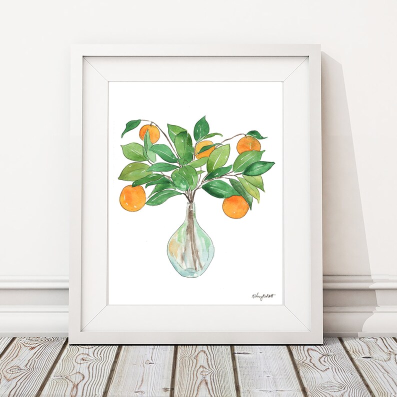 May include: Watercolor painting of a clear glass vase filled with a branch of orange citrus fruit with green leaves.