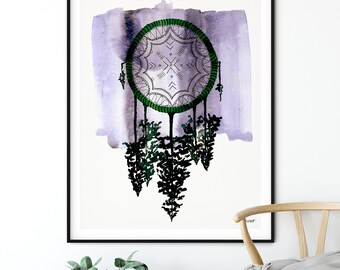 Evergreen Dreamcatcher Wall Art, Forest Watercolor Painting, Native American Art, Boho Dream Catcher, Woodland Nursery Decor, Dream Print
