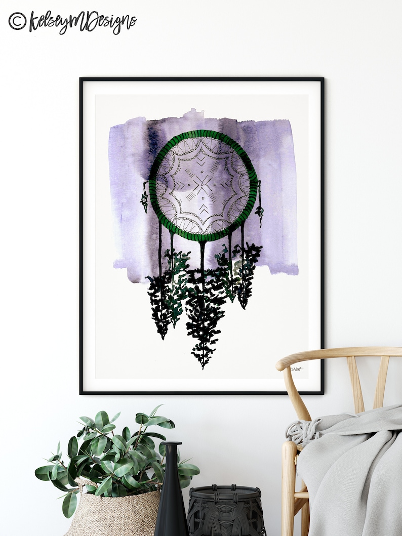 May include: A watercolor painting of a dreamcatcher with a purple and green color scheme. The dreamcatcher is hanging from a purple watercolor background. The dreamcatcher has a green beaded border and a white lace design.
