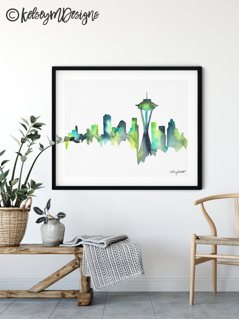 Seattle Skyline Print Watercolor Painting Wall Art Watercolor Art City Poster Cityscape Home Decor Seahawks Gifts Seattle Washington
