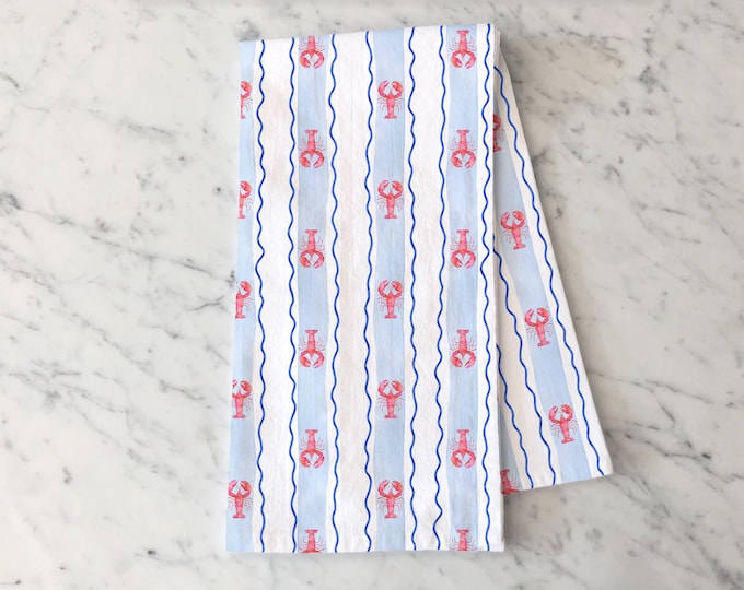 Lobster Striped Tea Towel, Summer Kitchen Decor, Coastal Towel, Summer Decor, Lobster Gift, Beach House Decor, Blue Striped Tea Towel