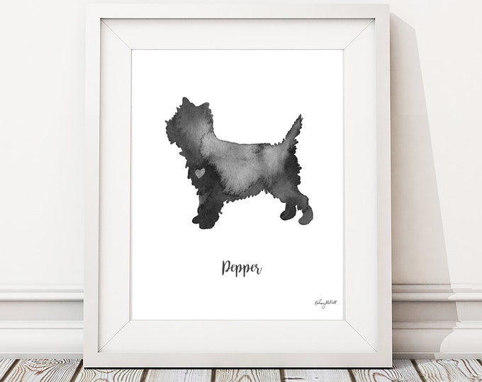 Personalized Dog Name Print, Cairn Terrier Watercolor Print, Dog Painting, Dog Lover Gift, Dog Silhouette, Pet Portrait, Terrier dog Art