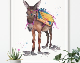 Greece Art Prints, Greek Donkey Print, Watercolor Painting, Santorini Oia Animal Wall Art, Boho Home Decor, Animal Watercolor, mule wall art