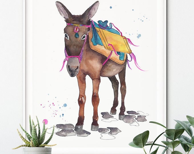 Greece Art Prints, Greek Donkey Print, Watercolor Painting, Santorini Oia Animal Wall Art, Boho Home Decor, Animal Watercolor, mule wall art