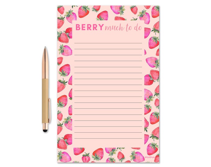 Berry Much To Do Notepad, Watercolor Notepad, Pink Strawberry Notepad, Gift Idea, Writing Pad, To Do list pad, Cute Desk Note, Pun Notepad
