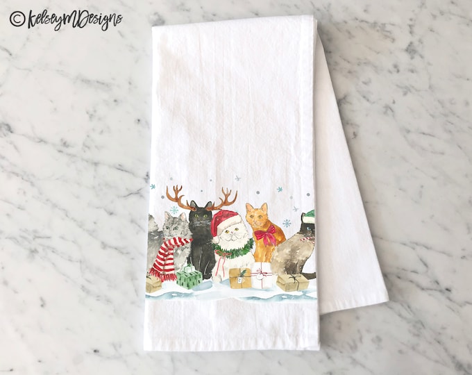 Christmas Cats Tea Towel, Christmas Kitchen Decor, Holiday Dish Towel, Holiday Cat Decor, Christmas Dishcloth, Cat Lover Gift