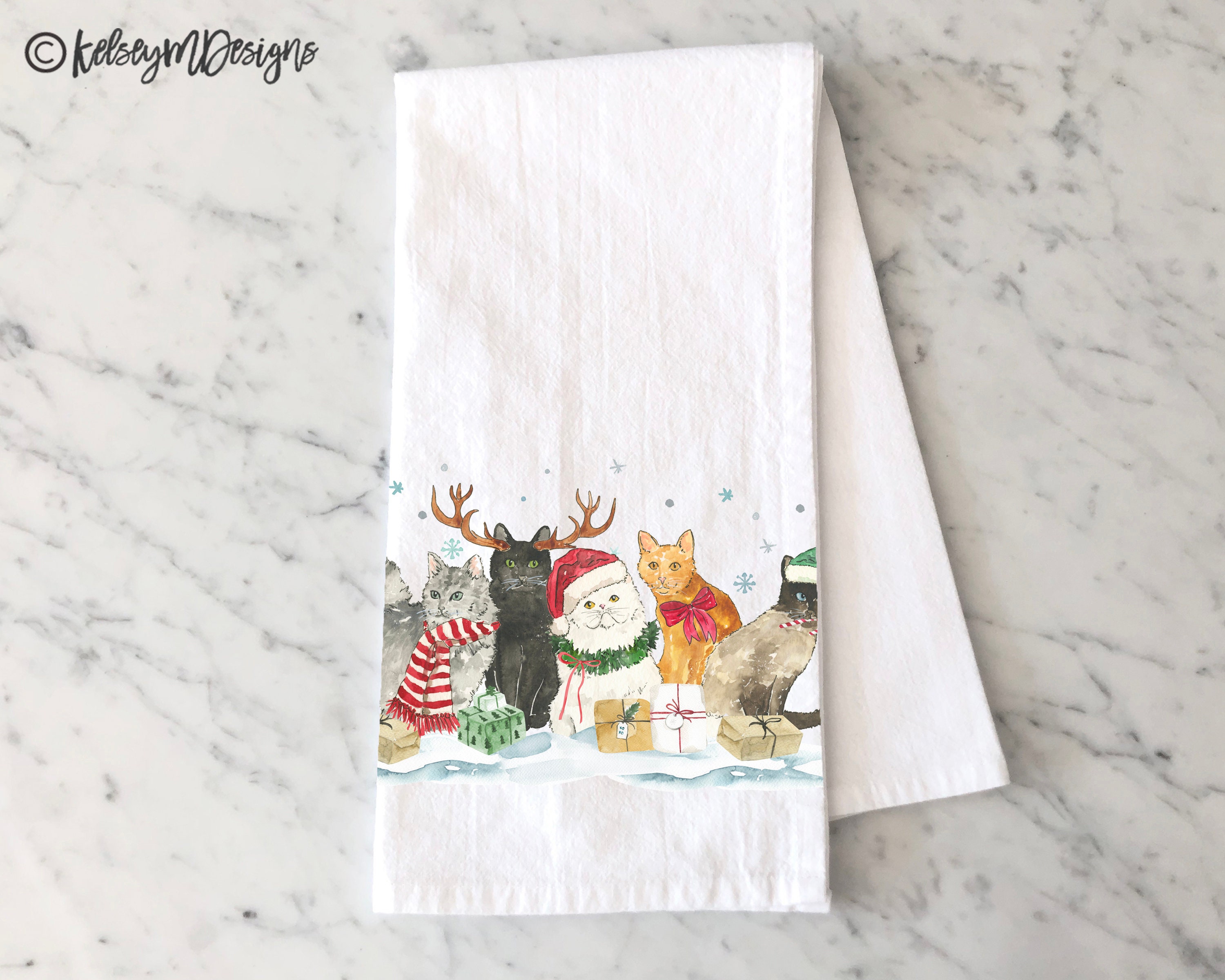 Christmas Cats Tea Towel, Christmas Kitchen Decor, Holiday Dish Towel,  Holiday Cat Decor, Christmas Dishcloth, Cat Lover Gift