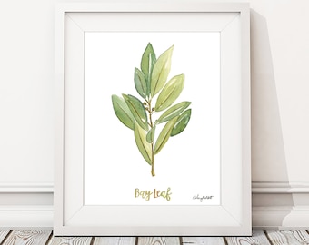 Watercolor Painting Bay Leaf Herb Print, Watercolor Wall Art Housewarming Gift Kitchen Decor Botanical Print, Herbs Kitchen Art Gift for Her