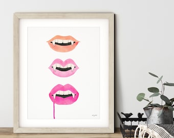 Pink Vampire Lips Wall Art, Halloween Art Print, Watercolor Painting, Fall Wall Art, Halloween Decor, Vampire Wall Decor, Pink Halloween