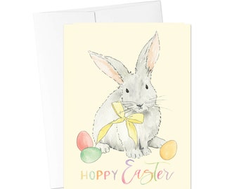EASTER CARDS, Hoppy Easter Greeting Card, Easter Bunny Card, Spring Greeting Card, Watercolor Bunny Card