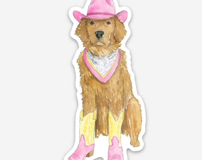 Cowgirl Golden Retriever Sticker, Watercolor Dog Sticker, Vinyl Sticker, Dog Lover Gift, 2x3 Die Cut Sticker, Sticker for Cup and Labtop