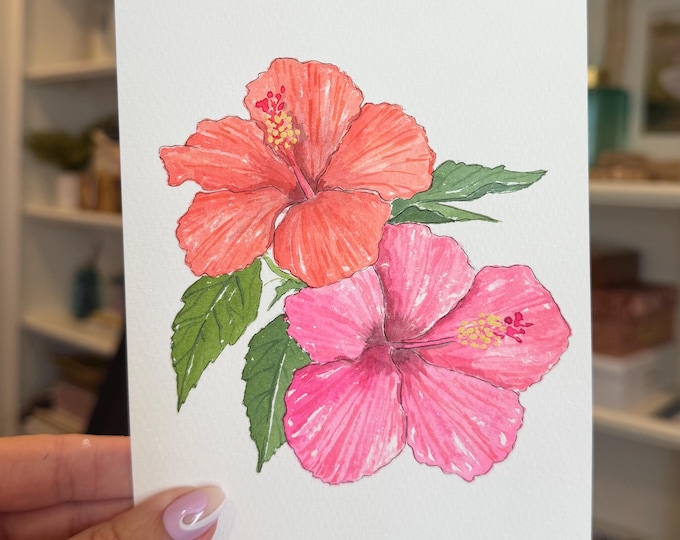 Original Pink & Orange Hibiscus Watercolor, Tropical Flower Painting, Floral Wall Art, 5x7 Original Artwork