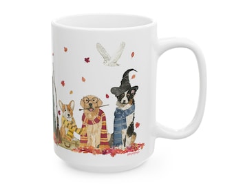Wizard Dogs Mug 15oz, Magical Dog Coffee Mug, Cute Halloween Dog Mug, Witch Puppy Tea Cup, Gift for Dog Lovers, Spooky Fall Mug