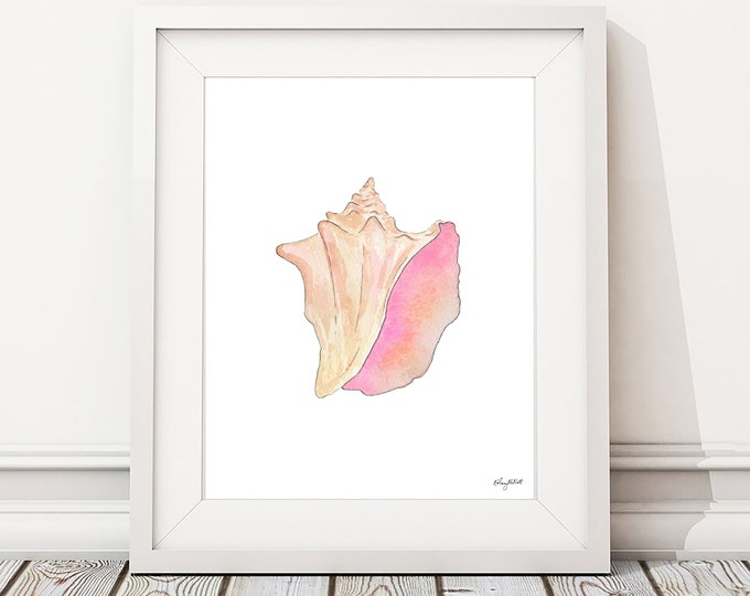 Pink Conch Shell Wall Art, Colorful Beach Surf Art, Watercolor Painting, Coastal Art Print, Beach Decor, Watercolor Shell Art, Seashells
