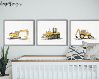 Set of 3 Construction Vehicle Prints, Kids Gallery Wall Set, Truck Wall Art, Nursery Watercolor Painting, Excavator Digger Backhoe Bulldozer