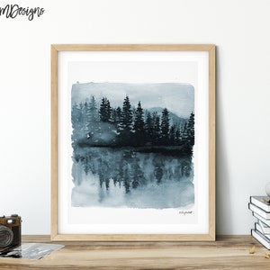 Blue Trees Watercolor painting, Forest Print, Nature Print, Landscape Print, Nature Tree Wall Art, Forest Print Living Room Decor, Woodland image 3