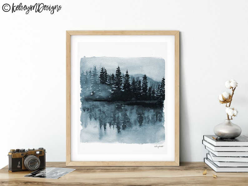 Blue Trees Watercolor painting, Forest Print, Nature Print, Landscape Print, Nature Tree Wall Art, Forest Print Living Room Decor, Woodland image 3