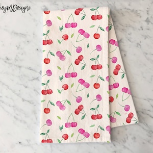 Kersentheedoek, zomerkeukendecor, theedoek roze rode kersen, zomerdecor, katoenen handdoek meelzak, cadeaus voor haar