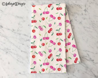 Cherry Tea Towel, Summer Kitchen Decor, Pink Red Cherries Dish Towel, Summer Decor, Flour Sack Cotton Hand Towel, Gifts for Her
