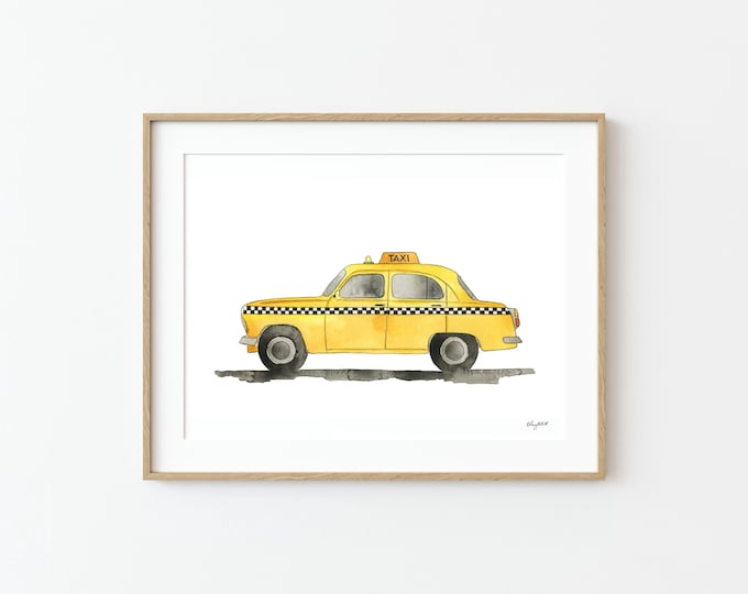 Taxi Cab Wall Art, Yellow Taxi Decor, Toddler Boy Room Decor, Boy Bedroom Art, Watercolor Painting, Transportation Vehicle Art, Vintage Car