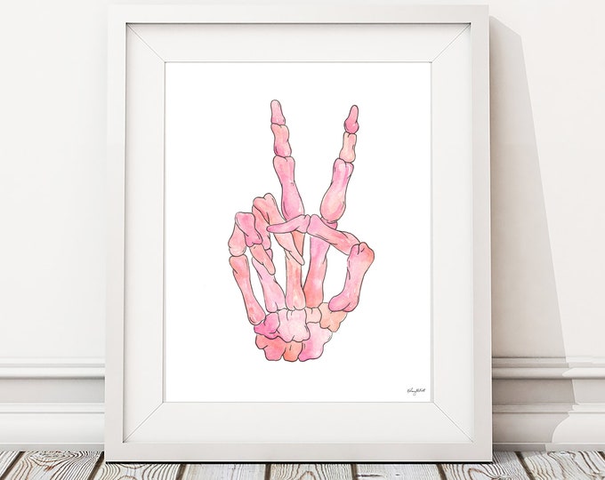 Pink Skeleton Peace Sign Wall Art, Halloween Skeleton Art Print, Watercolor Painting, Fall Wall Art, Pink Halloween Wall Decor