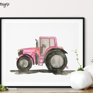 May include: A watercolor painting of a pink tractor on a white background. The tractor has black wheels and a black shadow underneath.