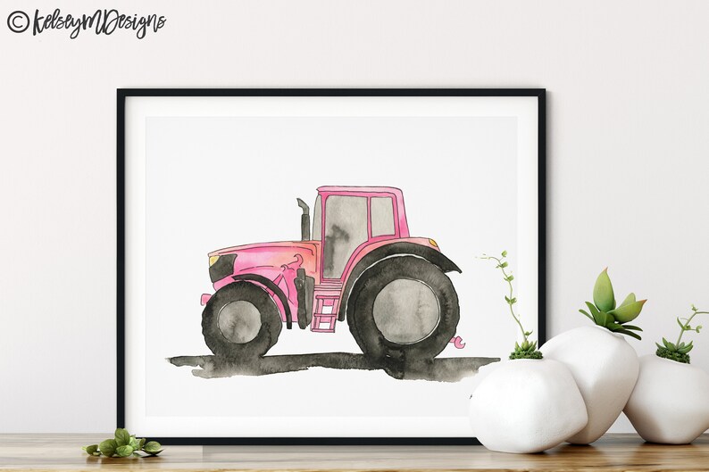 May include: A watercolor painting of a pink tractor on a white background. The tractor has black wheels and a black shadow underneath.