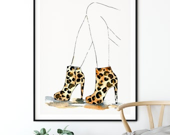 Leopard Booties Art Print, Fashion Wall Art, Fashion Illustration, Leopard Home Decor, Leopard Print Wall Art, Watercolor Painting