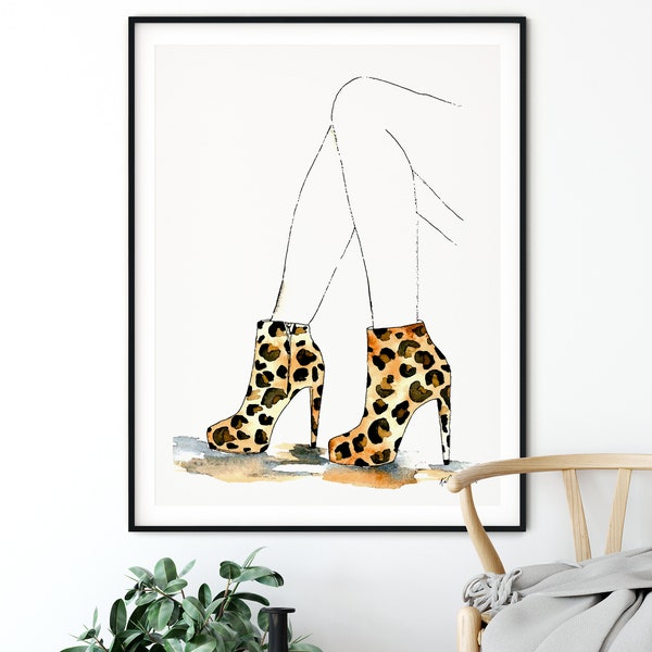 Leopard Booties Art Print, Fashion Wall Art, Fashion Illustration, Leopard Home Decor, Leopard Print Wall Art, Watercolor Painting