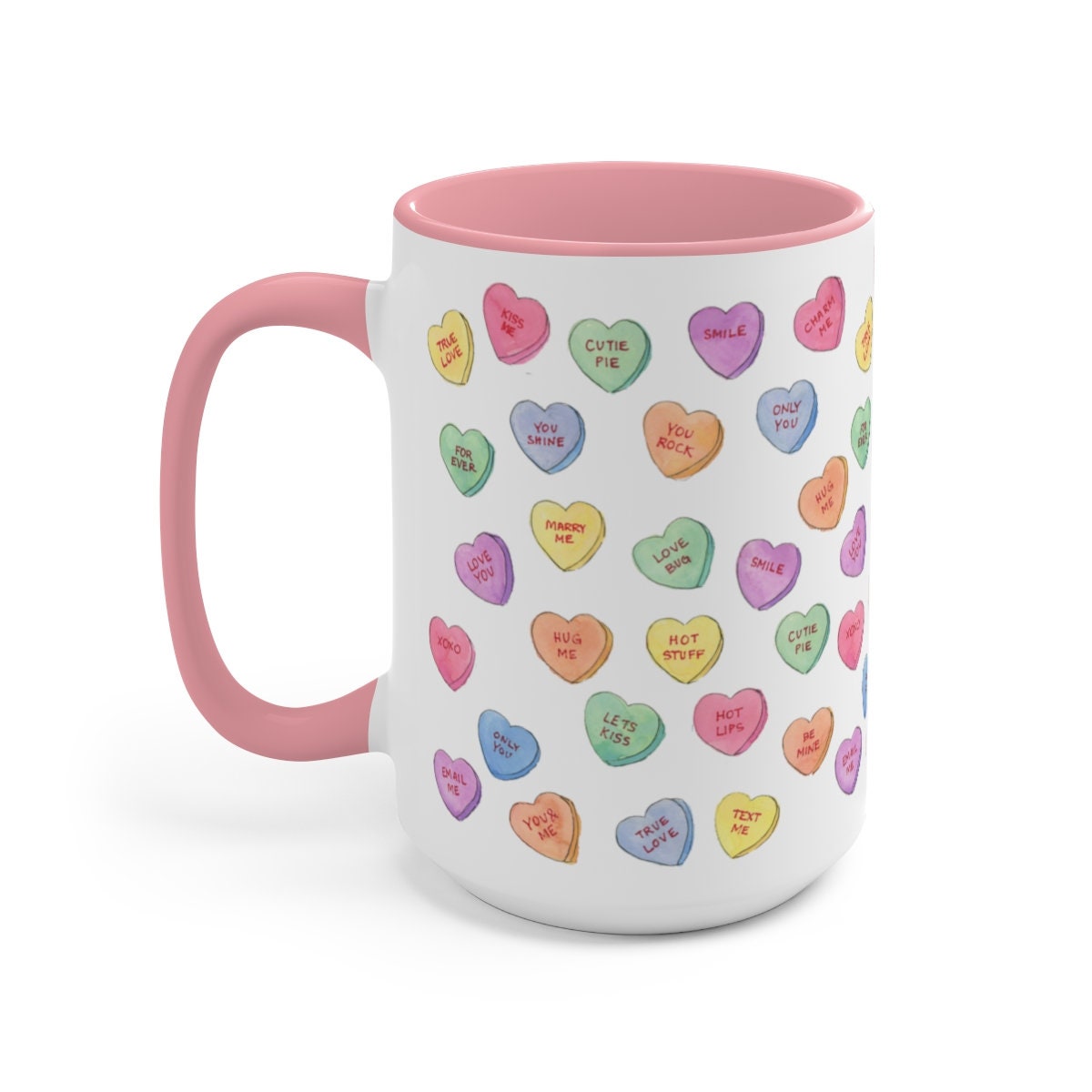Valentine's Conversation Hearts Mug, Valentines Day Coffee Mug, 15 Oz Mug,  Pink Hearts Coffee Mug, Valentines Kitchen, Gift for Her 