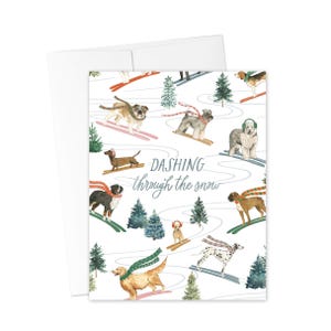 TARJETAS DE NAVIDAD, Tarjeta de felicitación navideña de perros esquiando, Feliz Navidad, Tarjeta de perro de invierno, Tarjeta de perro de Navidad, Corriendo por la nieve