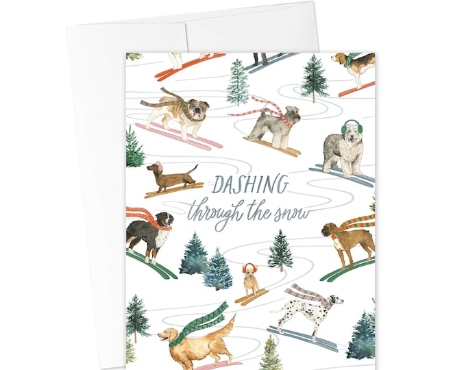 CHRISTMAS CARDS, Skiing Dogs Holiday Greeting Card, Merry Christmas, Winter Dog Card, Christmas Dog Card, Dashing Through The Snow