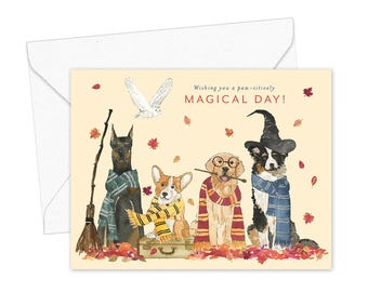 Wizard Dogs Greeting Card, Halloween Dog Card, Fall Greeting Card, Magical Day Card, Watercolor Halloween Card, Birthday Card, Encouragement