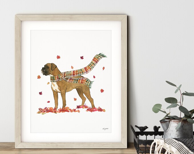 Fall Dog Wall Art, Boxer Dog Art Print, Autumn Home Decor, Fall Wall Art, Halloween Art Print, Fall Decor, Boxer Dog Gift
