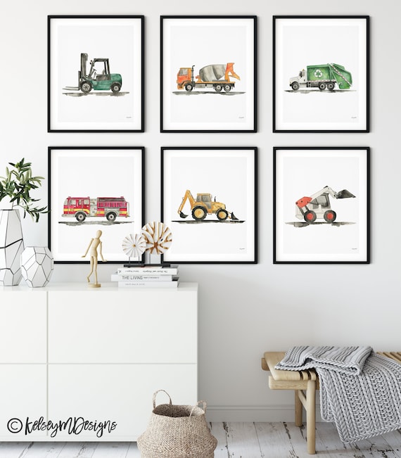 VERTICAL Set of 6 Construction Vehicle Art, Kids Gallery Wall Set, Truck Wall Art, Transportation Art Nursery, Watercolor Construction Truck